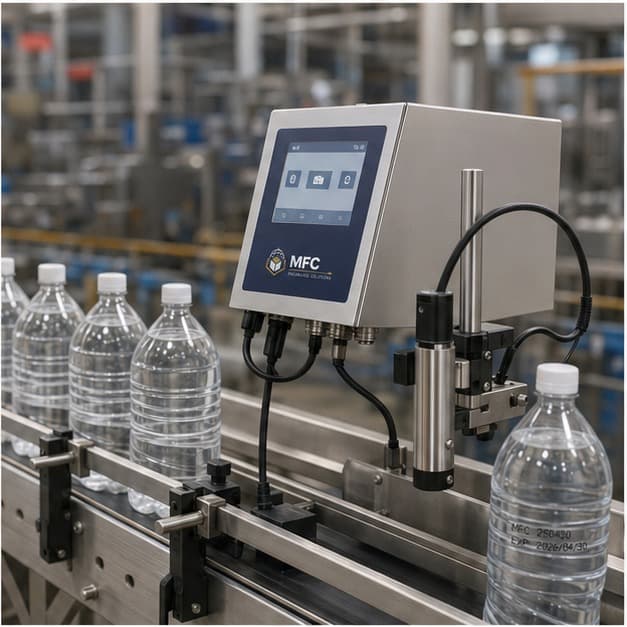 MFC-labeled inkjet coder marking bottles on a production line